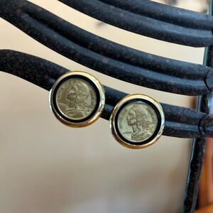 Republic of France Coin Francs Clip on Earrings Set in Gold Bezel w/Black Enamal